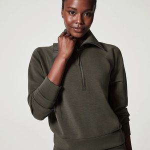 Spanx AirEssentials Half Zip Top Dark Palm Green Soft Sweatshirt Pullover Medium